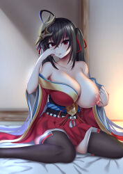 Rule 34 | 1girl, absurdres, abukobato, azur lane, black hair, black thighhighs, breasts, cleavage, hair between eyes, highres, huge breasts, huge nipples, indoors, japanese clothes, jewelry, kimono, licking, licking finger, long hair, long sleeves, looking at viewer, mask, mask on head, nipples, on bed, one breast out, red kimono, ring, solo, taihou (azur lane), thighhighs, tongue, tongue out, upper body, very long hair, wedding ring, wide sleeves, zettai ryouiki