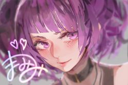 Rule 34 | 1girl, black choker, blush, character name, choker, close-up, heart, idolmaster, idolmaster shiny colors, looking at viewer, parted lips, portrait, purple eyes, purple hair, rsef, smile, solo, tanaka mamimi, twintails
