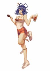 Rule 34 | 1girl, absurdres, alternate costume, bare arms, bare shoulders, beer mug, bird, blue eyes, blue hair, breasts, chicken, cleavage, commentary, cup, food, full body, grin, hair ornament, hair rings, hair stick, highres, holding, holding cup, holding food, hooters, kaku seiga, large breasts, looking at viewer, mug, ofuda, one eye closed, orange shorts, parted lips, shoes, short hair, short shorts, shorts, simple background, smile, sneakers, socks, solo, standing, standing on one leg, tank top, touhou, white background, white footwear, white socks, white tank top, zenilego
