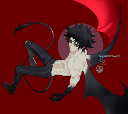 Rule 34 | 1boy, abs, black hair, claws, demon tail, demon wings, devilman, devilman crybaby, eyebrows, fudou akira, male focus, pants, red eyes, topless male, shoes, short hair, solo, tail, wings