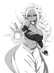 Rule 34 | 1girl, android 21, baggy pants, black nails, black sclera, bracelet, breasts, charging, collar, colored sclera, dark skin, dragon ball, dragon ball fighterz, earrings, evil smile, fingerless gloves, gloves, grin, gs16 (chug), hand gesture, highres, jewelry, jourjii, large breasts, long hair, looking at viewer, midriff, monochrome, nail polish, nails, orb, pants, pointy ears, ring, smile, solo, strapless, stud earrings, tail, tube top, white background, white pants