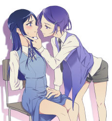 Rule 34 | 2girls, bad id, bad pixiv id, bdsm, blue eyes, blue hair, blush, bondage, bound, bound wrists, chair, dokidoki! precure, eye contact, face-to-face, femdom, grabbing another&#039;s chin, half updo, hand on another&#039;s chin, hand on lap, hishikawa rikka, kenzaki makoto, long hair, looking at another, multiple girls, necktie, negom, precure, purple eyes, purple hair, rope, school uniform, shadow, short hair, shorts, simple background, white background, yuri