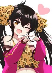 Rule 34 | 1girl, animal print, black hair, blush, breasts, commentary request, dot nose, hair between eyes, hair ribbon, hands up, heart, heart hands, heart necklace, highres, idolmaster, idolmaster cinderella girls, jacket, jewelry, long hair, long sleeves, looking at viewer, matoba risa, midriff, navel, necklace, one eye closed, open mouth, pink jacket, ribbon, roccamoya, shirt, sidelocks, small breasts, smile, solo, strap slip, tank top, twintails, upper body, white background, yellow eyes, yellow shirt