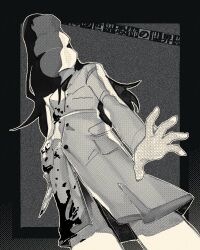 Rule 34 | 1girl, black hair, blood, blood on clothes, bloody weapon, coat, greyscale, horror (theme), long hair, monochrome, multiple heads, open hand, qxbi, scissor woman (world of horror), scissors, trench coat, weapon, world of horror