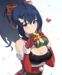 Rule 34 | 1girl, black hair, blue eyes, blush, breasts, christmas, cleavage, commentary, gift, hair ornament, hair ribbon, heart, highres, holding, large breasts, leona heidern, long hair, looking at viewer, open mouth, ponytail, rang go, ribbon, santa costume, simple background, solo, the king of fighters, white background