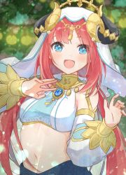 Rule 34 | 1girl, :d, arm up, bare shoulders, blue eyes, blunt bangs, blurry, blurry background, blurry foreground, blush, breasts, brooch, depth of field, detached sleeves, genshin impact, gold trim, hand up, headdress, highres, horns, jewelry, long hair, mayu-mayu1026, medium breasts, midriff, navel, nilou (genshin impact), open mouth, red hair, smile, solo, upper body, very long hair