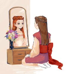Rule 34 | 1girl, ace attorney, bouquet, braid, brown eyes, brown hair, closed mouth, dahlia hawthorne, different reflection, drawer, dress, facing away, flower, full body, highres, iris (ace attorney), japanese clothes, kimono, long hair, long sleeves, mirror, phoenix wright: ace attorney - trials and tribulations, red hair, red sash, reflection, renshu usodayo, sash, seiza, shawl, siblings, sisters, sitting, smile, solo, twins, vase, white dress