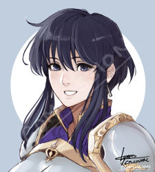 Rule 34 | 1girl, armor, black hair, cm lynarc, commission, earrings, fire emblem, fire emblem heroes, grin, happy, highres, jewelry, larcei (fire emblem), looking at viewer, nintendo, popped collar, purple eyes, short hair, simple background, smile, tomboy