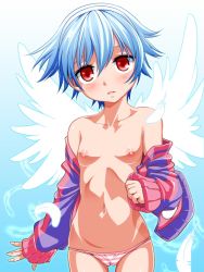 Rule 34 | 1girl, blue background, blue hair, blush, breasts, feathers, female focus, funnyari, gradient background, hair ornament, hairband, long sleeves, looking at viewer, navel, nipples, off shoulder, open clothes, open mouth, open shirt, panties, red eyes, shirt, short hair, small breasts, solo, standing, striped clothes, striped panties, sweater, tokyo libido, underwear, usahane air, wings