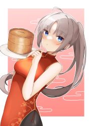 Rule 34 | 1girl, ahoge, alternate costume, bamboo steamer, bare arms, blue eyes, blush, border, breasts, china dress, chinese clothes, commentary request, cowboy shot, dress, eyelashes, floral print, frown, grey hair, highres, holding, holding tray, long hair, looking at viewer, medium breasts, parted bangs, parted lips, pink background, ponytail, red dress, senren banka, simple background, sleeveless, sleeveless dress, solo, tomotake yoshino, tray, tsurime, very long hair, white border, yuuhodesu