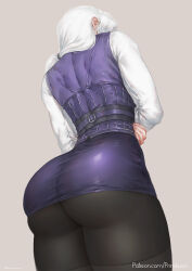 Rule 34 | 1girl, ass, ass focus, dress, from behind, from below, highres, huge ass, kuon (kwonchanji), long hair, low ponytail, pantyhose, ponytail, rwby, short dress, solo, white hair, willow schnee