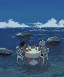 Rule 34 | 2boys, 40599, barefoot, black hair, black shorts, chair, child, closed mouth, cup, drink, drinking glass, drinking straw, food, fruit, gon freecss, green shorts, hand on own face, highres, horizon, hunter x hunter, killua zoldyck, looking ahead, looking at another, male focus, multiple boys, ocean, shirt, short hair, shorts, sitting, smile, spiked hair, table, watermelon, watermelon slice, white hair, white shirt