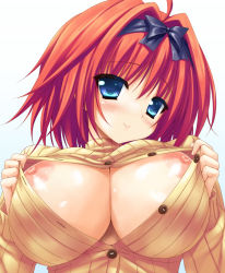 Rule 34 | 1girl, 2-g, ahoge, blue eyes, blush, bow, breasts, hair bow, large breasts, looking at viewer, nipples, no bra, open clothes, open shirt, original, red hair, shiny skin, shirt, short hair, smile, solo, turtleneck, upper body