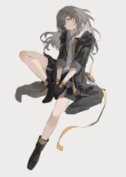 Rule 34 | 1girl, aco gbfg, black footwear, black gloves, black jacket, black skirt, closed mouth, clothes spread out, full body, gloves, grey background, grey hair, highres, honkai: star rail, honkai (series), hood, hood down, invisible chair, jacket, long hair, looking at viewer, multicolored clothes, multicolored jacket, orange jacket, shirt, sitting, skirt, solo, stelle (honkai: star rail), trailblazer (honkai: star rail), white shirt, yellow eyes