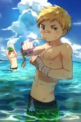 Rule 34 | 2boys, absurdres, bandaid, bandaid on face, bandaid on nose, blonde hair, brown hair, cloud, cloudy sky, commentary request, day, demon boy, drawstring, green male swimwear, green swim trunks, highres, horns, looking at viewer, male focus, male swimwear, multiple boys, muscular, muscular child, ocean, original, partially submerged, sky, swim trunks, swimming, swimsuit, topless male, wading, water, yellow eyes, zutaboro