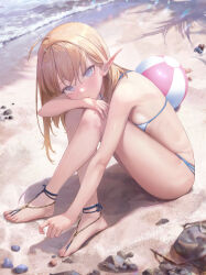 Rule 34 | 1girl, absurdres, ahoge, ball, barefoot sandals (jewelry), beach, beachball, bikini, bingwei huang, blonde hair, blush, breast press, breasts, day, elf, full body, hair between eyes, highres, knees up, long hair, looking at viewer, original, outdoors, pointy ears, sand, sitting, small breasts, solo, swimsuit, thighs, white bikini