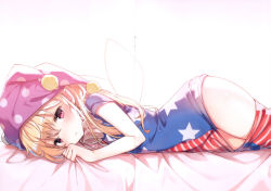 Rule 34 | 1girl, american flag pants, american flag print, bed, blonde hair, blush, closed mouth, clownpiece, eyelashes, fairy wings, hair between eyes, hand up, hat, jester cap, long hair, looking at viewer, lying, neck ruff, non-web source, on stomach, pants, pink eyes, pink hat, pointy ears, polka dot, pom pom (clothes), print pants, shirt, shnva, short sleeves, simple background, solo, star (symbol), star print, striped clothes, striped pants, striped shirt, teeth, touhou, white background, wings