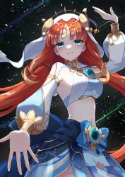 Rule 34 | 1girl, absurdres, aqua eyes, arm up, black background, blush, breasts, circlet, closed mouth, clothing cutout, commentary request, crop top, dancer, floating hair, forehead jewel, genshin impact, gold trim, highres, jewelry, long hair, long sleeves, looking at viewer, low twintails, medium breasts, navel, neck ring, nilou (genshin impact), outstretched hand, parted bangs, pelvic curtain, puffy long sleeves, puffy sleeves, red hair, shrug (clothing), sidelocks, skirt, smile, solo, star (symbol), starry background, stomach, twintails, uni (maru231), vambraces, veil, vision (genshin impact)