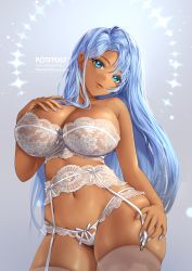 Rule 34 | 1girl, absurdres, artist name, bare arms, bare shoulders, blue eyes, blue hair, blue nails, bra, breasts, commentary, commission, cowboy shot, dark-skinned female, dark skin, english commentary, garter belt, hand on own chest, hand on own thigh, head tilt, highres, huge breasts, lace, lace bra, lace panties, light smile, lingerie, long hair, looking at viewer, nail polish, navel, original, panties, parted lips, potetos7, simple background, solo, symbol-only commentary, thighhighs, underwear, very long hair, white bra, white garter belt, white panties, white thighhighs