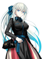 Rule 34 | 1girl, absurdres, alternate costume, bag, black bag, black dress, blue bow, blue eyes, bow, braid, breasts, chain necklace, closed mouth, collared dress, commentary request, contemporary, dress, fate/grand order, fate (series), french braid, grey hair, hair bow, handbag, highres, jewelry, long hair, long sleeves, looking at viewer, medium breasts, mishiro (ixtlolton), morgan le fay (fate), necklace, ponytail, simple background, smile, solo, very long hair, white background