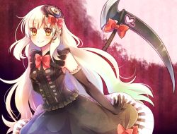 Rule 34 | 1girl, bad id, bad pixiv id, black dress, black gloves, blonde hair, blush, bow, dress, earrings, elbow gloves, gloves, jewelry, lolita fashion, long hair, mayu (vocaloid), moe on drop, piano print, scythe, smile, solo, vocaloid, yellow eyes