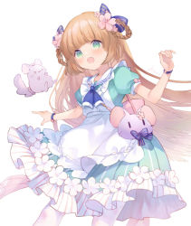 Rule 34 | 1girl, bag, braid, braided hair rings, brown hair, dress, flower, green eyes, hair flower, hair ornament, hair rings, indie virtual youtuber, long hair, looking at viewer, mochicomame, mouse (animal), open mouth, pantyhose, shinia, simple background, striped clothes, striped dress, twin braids, vertical-striped clothes, vertical-striped dress, very long hair, virtual youtuber, white background, white pantyhose