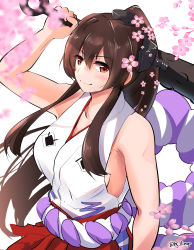 Rule 34 | 1girl, absurdres, breasts, brown hair, cherry blossoms, club, club (weapon), cosplay, flower, hair flower, hair intakes, hair ornament, headgear, highres, holding, holding weapon, japanese clothes, kanabou, kantai collection, kimono, large breasts, lingerie (aki3240), long hair, name connection, one-hour drawing challenge, one piece, ponytail, red eyes, rope, shimenawa, sidelocks, sleeveless, sleeveless kimono, smile, solo, weapon, white kimono, yamato (kancolle), yamato (one piece), yamato (one piece) (cosplay)