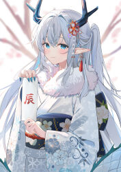 Rule 34 | 1girl, absurdres, blue eyes, blue nails, blurry, blurry background, branch, chinese zodiac, closed mouth, commentary request, depth of field, dragon girl, dragon horns, dragon tail, fingernails, floral print, fur collar, grey hair, grey kimono, hair between eyes, hair intakes, highres, holding, horns, japanese clothes, kimono, long fingernails, long hair, long sleeves, nail polish, obi, original, pointy ears, ponytail, print kimono, sash, sharp fingernails, smile, solo, sora01o, tail, very long hair, wide sleeves, year of the dragon