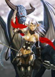 Rule 34 | 1girl, arm up, armor, bare shoulders, belt, belt skirt, bikini armor, black gloves, black panties, blue skin, breastplate, breasts, breasts apart, circlet, cleavage, cloud, cloudy sky, collarbone, colored skin, cowboy shot, creature, crop top, detached collar, dragon, elbow gloves, elf, fantasy, faulds, floating hair, gauntlets, gem, gloves, greaves, harness, headpat, hip bones, hip focus, holding, holding weapon, horns, lace, lace-trimmed legwear, lace-trimmed panties, lace trim, large breasts, light smile, lips, long hair, long pointy ears, looking at viewer, midriff, navel, original, outdoors, panties, parted bangs, pointy ears, polearm, ponytail, red eyes, scales, sky, smile, solo, spear, standing, strapless, swept bangs, sword, thighhighs, toned, tube top, underwear, weapon, white hair, wings, yellow eyes, yoshimura ken&#039;ichirou, yosshii