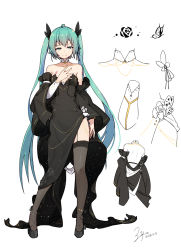 Rule 34 | 1girl, backless outfit, black dress, black thighhighs, dated, detached sleeves, dress, full body, garter straps, green eyes, green hair, hatsune miku, highres, lace, lace-trimmed legwear, lace trim, long hair, nail polish, simple background, solo, strapless, strapless dress, thighhighs, twintails, very long hair, vocaloid, white background, zhayin-san