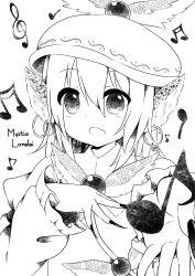 Rule 34 | 1girl, animal ears, beamed sixteenth notes, bird ears, blush, dress, earrings, eighth note, fingernails, frilled sleeves, frills, greyscale, hair between eyes, highres, jewelry, long fingernails, long sleeves, monochrome, musical note, mystia lorelei, nail polish, open mouth, quarter note, sharp fingernails, short hair, simple background, smile, solo, touhou, treble clef, upper body, white background, winged hat, yamisaki (ymsk xx)