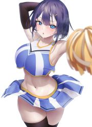 Rule 34 | 1girl, arm up, arm warmers, armpits, aya (lezon), bare shoulders, black thighhighs, blue eyes, blue hair, blue shirt, blue skirt, blurry, blurry foreground, breasts, cheerleader, commentary, cowboy shot, crop top, crop top overhang, depth of field, gold trim, highres, holding, holding pom poms, large breasts, looking at viewer, midriff, miniskirt, navel, original, outstretched arm, parted lips, pleated skirt, pom pom (cheerleading), pom poms, raised eyebrow, revealing clothes, shirt, short hair, skirt, sleeveless, sleeveless shirt, solo, stomach, sweat, thighhighs, thighs, wind, wind lift, zettai ryouiki