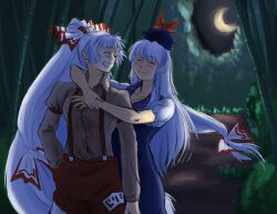 Rule 34 | 2girls, absurdres, arms around neck, backlighting, bamboo, bamboo forest, big hair, blue dress, bread master, closed eyes, crescent moon, dress, faux traditional media, forest, fujiwara no mokou, grin, hair ribbon, hand in pocket, hand on own wrist, happy, hat, high ponytail, highres, hime cut, kamishirasawa keine, long hair, long sleeves, moon, moonlight, multiple girls, nature, night, outdoors, ribbon, short sleeves, smile, suspenders, touhou, tress ribbon, very long hair, white hair