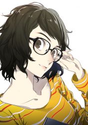 Rule 34 | 10s, 1girl, bespectacled, brown eyes, brown hair, collarbone, female focus, glasses, kawakami sadayo, looking at viewer, persona, persona 5, shirt, short hair, simple background, smile, solo, striped clothes, striped shirt, white background