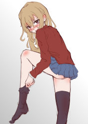 Rule 34 | 1girl, absurdres, aisaka taiga, black jacket, blue skirt, blush, brown eyes, brown hair, commentary, dressing, from behind, gradient background, grey background, hair between eyes, highres, jacket, long hair, long sleeves, looking at viewer, nekosama13, oohashi high school uniform, open mouth, pussy, putting on legwear, school uniform, shirt, simple background, skirt, solo, standing, teeth, thighhighs, toradora!, upper teeth only, white background, white shirt
