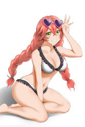 Rule 34 | 1girl, absurdres, bikini, breasts, cleavage, heart, heart-shaped eyewear, highres, kimmy77, looking at viewer, lupusregina beta, overlord (maruyama), red hair, simple background, solo, sunglasses, sunglasses on head, swimsuit, twintails, white background, yellow eyes