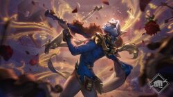 Rule 34 | 1boy, blue bow, blue jacket, bow, bow (music), cowboy shot, crowd, explosion, facing up, flower, from side, grey pants, gun, hair bow, highres, holding, holding gun, holding instrument, holding weapon, instrument, jacket, jhin, league of legends, long sleeves, maestro jhin, mask, official art, pants, piano, red flower, red rose, rose, solo focus, violin, weapon, white hair