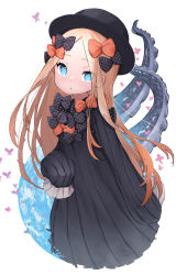 Rule 34 | 1girl, abigail williams (fate), bad id, bad pixiv id, black bow, black dress, black hat, blonde hair, blue eyes, blush, bow, breasts, dress, fate/grand order, fate (series), forehead, hair bow, hat, highres, lazu0721, long hair, long sleeves, looking at viewer, multiple hair bows, open mouth, orange bow, parted bangs, polka dot, polka dot bow, ribbed dress, sleeves past fingers, sleeves past wrists, small breasts, solo, tentacles