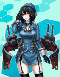 Rule 34 | 1girl, ascot, beret, black gloves, black hair, black thighhighs, blue background, blue hat, blue jacket, breasts, burunuu (bullnukko), cannon, cowboy shot, garter straps, gloves, hair between eyes, hat, jacket, kantai collection, large breasts, lips, long sleeves, machinery, military, military uniform, miniskirt, open mouth, red eyes, rigging, short hair, skirt, smokestack, solo, takao (kancolle), thighhighs, thighs, turret, uniform