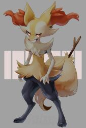 Rule 34 | 1other, absurdres, animal ear fluff, animal ears, animal feet, animal hands, animal nose, artist name, black fur, body fur, braixen, character name, closed mouth, creatures (company), english text, fox ears, fox tail, full body, furry, game freak, gen 6 pokemon, grey background, highres, legs apart, looking at viewer, multicolored fur, neck fur, nintendo, other focus, pokemon, pokemon (creature), red eyes, shia (shi12 poke), signature, simple background, snout, solo, standing, stick, tail, white fur, yellow fur
