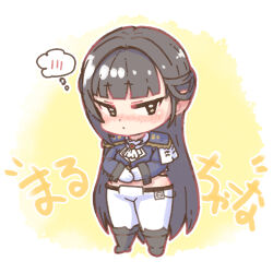 Rule 34 | 1girl, ascot, black footwear, black hair, black jacket, blunt bangs, blush, boots, brown eyes, chibi, closed mouth, commentary request, covering stomach, crop top, cropped jacket, epaulettes, full body, gloves, goddess of victory: nikke, half updo, hatodokei, id card, jacket, knee boots, long hair, long sleeves, looking at viewer, marciana (nikke), midriff, military jacket, military uniform, nose blush, pants, solo, spoken blush, standing, tight clothes, tight pants, translation request, uniform, white ascot, white gloves, white pants, yellow background