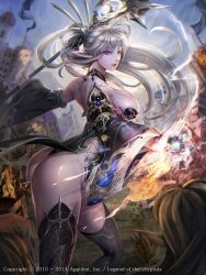 Rule 34 | 1girl, artist request, ass, bare shoulders, breasts, cleavage, dated, hair ornament, large breasts, legend of the cryptids, long hair, long sleeves, looking back, magic, pointy ears, ponytail, purple eyes, revealing clothes, smile, solo focus, staff, weapon