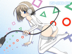 Rule 34 | 1girl, ahoge, bad id, bad pixiv id, blue eyes, cable, detached sleeves, handheld game console, headphones, ishida seito, looking at viewer, looking back, personification, playstation portable, product girl, short hair, solo, sony, thighhighs, usb