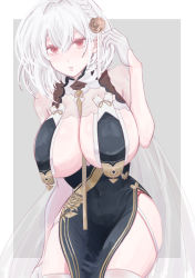 Rule 34 | 1girl, absurdres, azur lane, braid, breast curtains, breasts, china dress, chinese clothes, cleavage, dress, flower, garter straps, gloves, grey dress, hair flower, hair ornament, half gloves, highres, huge breasts, large breasts, neckwear between breasts, nkmr-n, official alternate costume, pelvic curtain, red eyes, revealing clothes, see-through, see-through sleeves, short hair, side braid, sirius (azur lane), sirius (azure horizons) (azur lane), solo, thighhighs, white gloves, white hair, white thighhighs