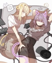 2girls anger_vein bang_dream! bang_dream!_it&#039;s_mygo!!!!! baseball_cap black_choker black_skirt blonde_hair breasts brown_skirt cable choker closed_mouth commentary computer drawn_ears drawn_tail grey_shirt haobuguniao hashtag-only_commentary hat highres laptop long_sleeves medium_breasts misumi_uika multiple_girls pink_eyes purple_eyes purple_hair shirt short_sleeves sidelocks skirt spoken_anger_vein sweatdrop unworn_hat unworn_headwear white_shirt yuri yuutenji_nyamu