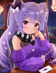 Rule 34 | 1girl, bare shoulders, blush, bow, braid, braided bangs, breasts, casual, cellphone, cone hair bun, double bun, fingernails, flower, frilled skirt, frills, genshin impact, hair bow, hair bun, hair flower, hair ornament, hairclip, highres, keqing (genshin impact), keqing (lantern rite) (genshin impact), lantern, long hair, long sleeves, looking at viewer, nail polish, night, nomio, official alternate costume, phone, pink nails, plaid, plaid scarf, purple sweater, scarf, sitting, skirt, smile, solo, sweat, sweater, symbol-shaped pupils, table, twintails