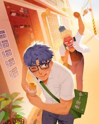 Rule 34 | 2boys, bag, black pants, black tank top, blonde hair, blue hair, blush, chasing, fleeing, food, food on face, gaydio zrong, glasses, highres, holding, holding food, ice cream, ice cream cone, male focus, multiple boys, open clothes, open mouth, open shirt, original, outdoors, pants, running, shirt, short hair, shoulder bag, smile, sunset, tank top, tongue, tongue out, undercut, white shirt