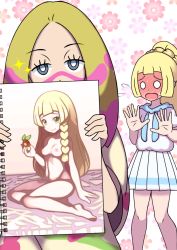 Rule 34 | 2girls, barefoot, beige shirt, blonde hair, blush, braid, breasts, creatures (company), embarrassed, eyebrows, eyelashes, facepaint, floral background, flower, food, fruit, game freak, green eyes, grey eyes, half-closed eyes, highres, holding, holding food, holding notebook, kohatsuka, legs, lillie (pokemon), mina (pokemon), multiple girls, nintendo, nipples, notebook, nude, open mouth, oversized clothes, paint, paint splatter, painting (object), pokemon, pokemon sm, sailor collar, sailor shirt, shirt, skirt, small breasts, smile, sparkle, standing, sweat, sweatdrop, thighs, white background, white shirt, white skirt