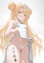 Rule 34 | 1girl, absurdres, blonde hair, body writing, bow, breasts, china dress, chinese clothes, clothes lift, double bun, dress, green eyes, hagi (ame hagi), hair bow, hair bun, highres, long hair, looking at viewer, navel, original, panties, petite, side-tie panties, small breasts, solo, thighs, underwear, white background, white dress, white panties