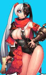 Rule 34 | 10s, 1girl, 3:, antenna hair, arm at side, armband, armor, belt, black hair, blade &amp; soul, blue background, blue eyes, breasts, buckle, cain (grt1125), closed mouth, clothes writing, cowboy shot, eyelashes, eyepatch, gun, hair between eyes, hair ornament, hair scrunchie, hand on own hip, holding, holding gun, holding weapon, large breasts, leaning forward, leotard, long hair, looking to the side, multicolored hair, one eye covered, pauldrons, pohwaran, ribbon trim, rope, scarf, scrunchie, shoulder armor, sideboob, simple background, solo, split-color hair, turtleneck, twintails, two-tone hair, vambraces, very long hair, waist cape, weapon, white hair